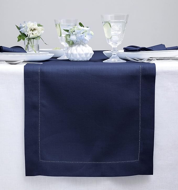 Solino Home Linen Navy Blue Table Runner 132 Inches Long - 100% Pure Linen Extra Long Table Runner 14 x 132 Inch for Christmas, New Year - Classic Hemstitch