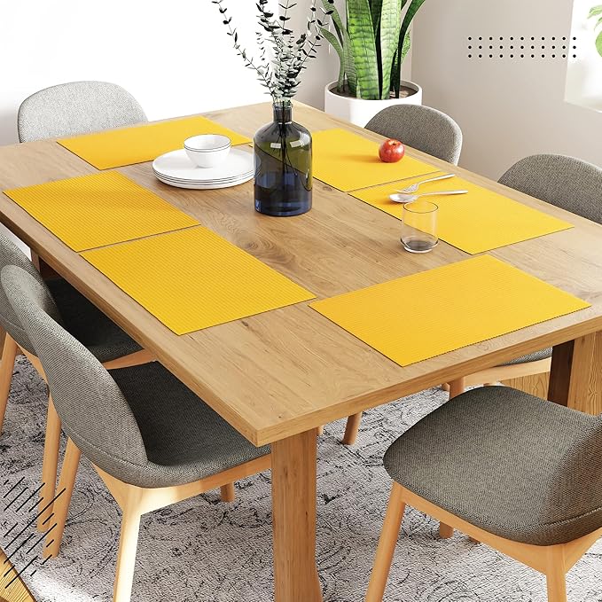 Encasa XO Dining Placemat Set of 6 | Solid Yellow Color | Fine Ribbed Cotton Table mat | Size 19x13 in |for Dining Table Fall Decoration, Holiday & Christmas Festivals - Machine Washable
