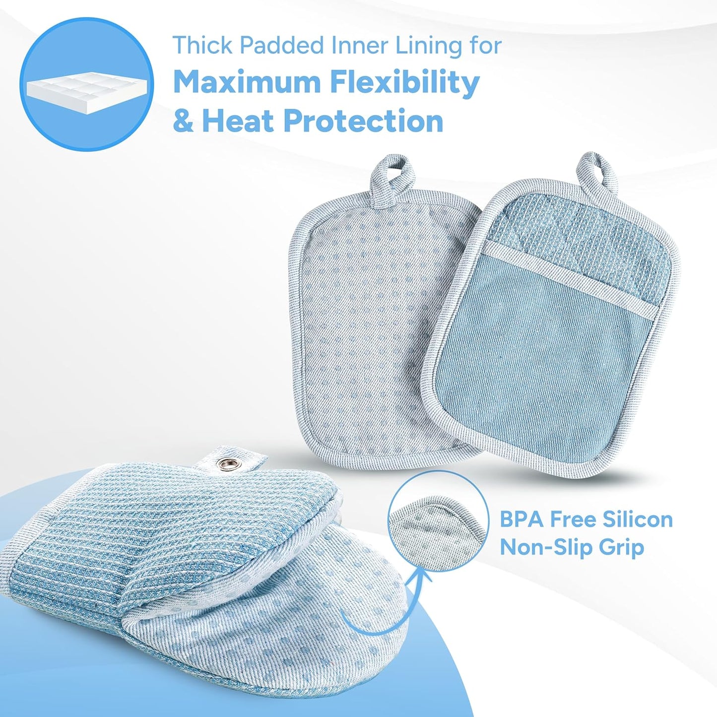 Casa Platino Silicone Oven Mitts Set, 8-Piece – 500°F Heat Resistant Mini Oven Mitt Set, Potholders for Kitchens, 2 Kitchen Towels & 2 Dish Cloths – Durable, Non-Slip & Machine Washable – Cornflower