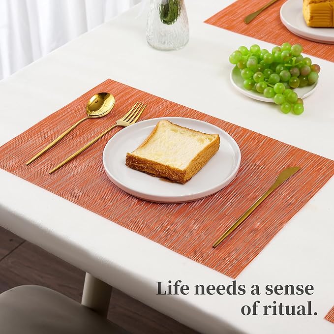 Leetaltree Orange Placemats Set of 6 - Heat Resistant Non-Slip Place mats for Dining Table, Washable Durable PVC Vinyl Woven Table Mats（Orange, 6）
