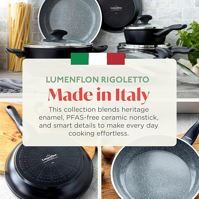 Rigoletto 11” Nonstick Frying Pan Skillet, Made in Italy, Layered Ceramic PFAS-Free Surface, Induction Ready, Dishwasher & Metal Utensil Safe, Granite Finish, Stay-Cool Handle, Black