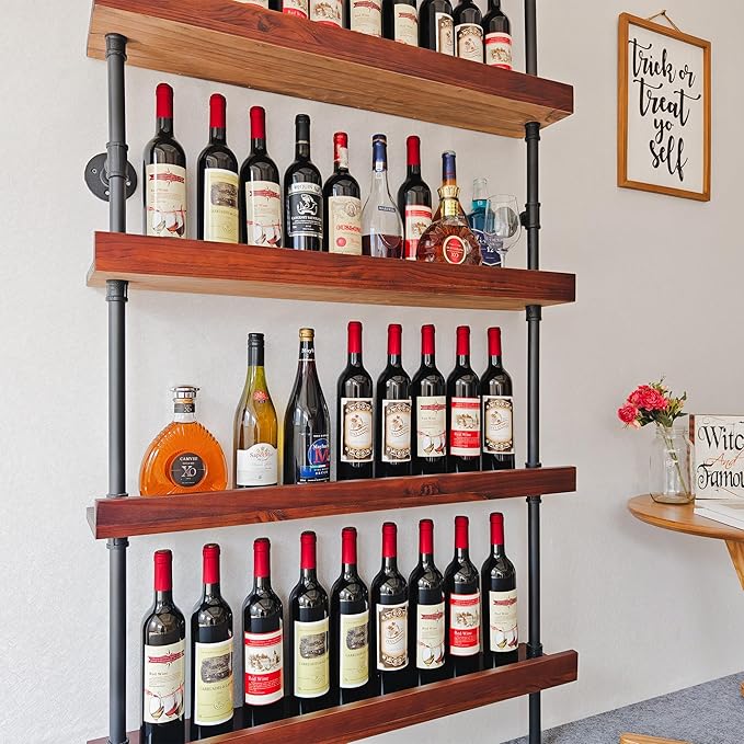 Industrial Wine Rack Wall Mounted, Industrial Pipe Bar Shelf for Wine Display, 5-Tier Rustic Hanging Organizer for Wine Bottle Storage in Kitchen, Bar, Pub, Cellar(Walnut Brown, 36 Inch)