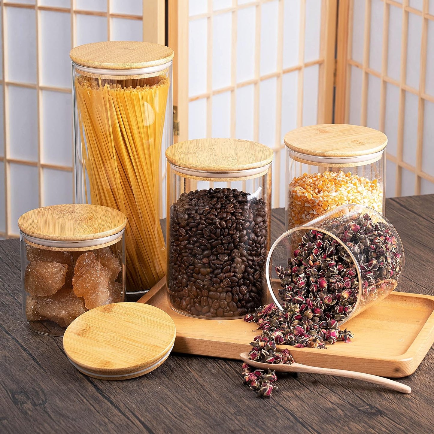 YUNCANG Glass Storage Jars [Set of 5],Clear Glass Food Storage Containers with Airtight Bamboo Lid Stackable Kitchen Canisters for Candy,Cookie,Rice,Sugar,Flour,Pasta,Nuts and Spice Jars