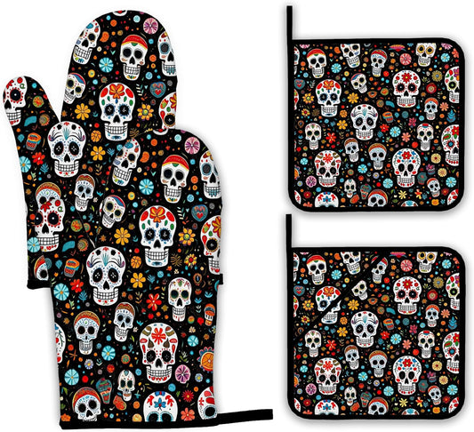 Day of The Dead Skull Mexican Oven Mitts and Pot Holders Set,Flower Kitchen Decor Heat Resistant Non Slip Hot Pads and Oven Mitt for Chef Cooking Baking BBQ Mom Girl Gifts(4 Piece Set)