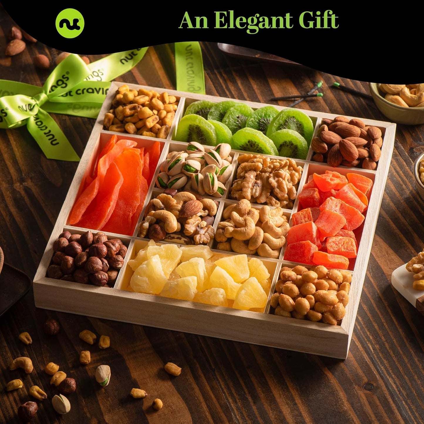 NUT CRAVINGS - Rosh Hashana & Shana Tova Dried Fruit & Mixed Nuts Gift Basket in Reusable Wooden Tray + Ribbon (12 Assortments) Food Arrangement, Healthy Snack Care Package, Food Assortments