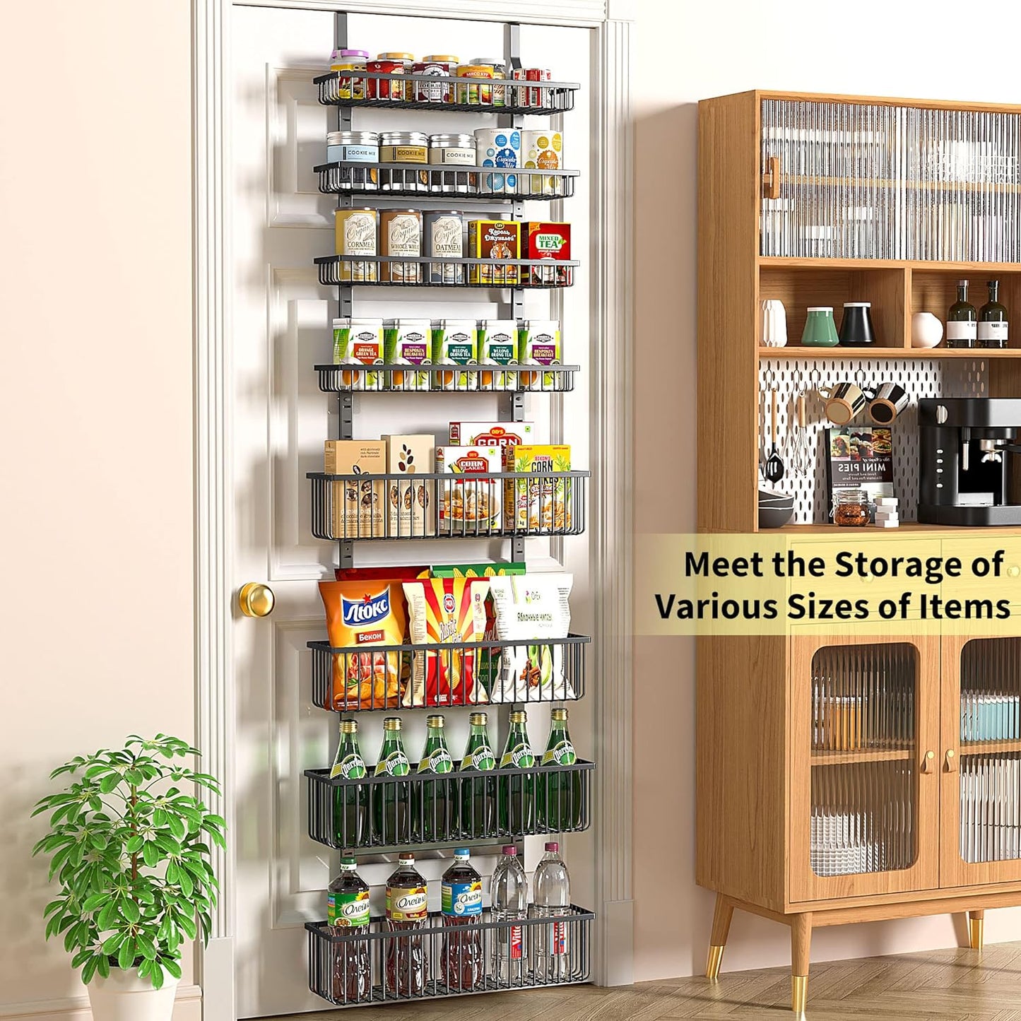 Moforoco Over The Door Pantry Organizer, Pantry Door Organizer Shelves, Kitchen Organizers and Storage, Hanging Basket Wall Spice Rack Seasoning Shelves, Laundry Room Bathroom accessories（Black