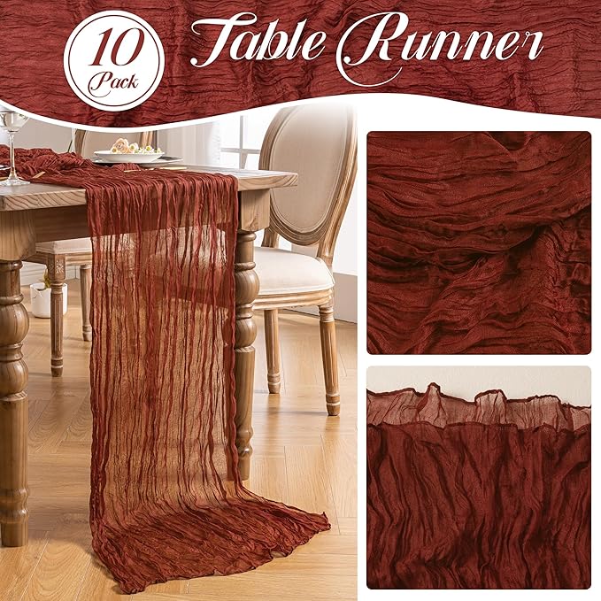 Leetaltree 10 Pack Terracotta Cheesecloth Table Runner, 35x120 Inch Boho Rustic Cheese Cloth Table Runner, Decorative Table Runners for Bridal Baby Shower Decorations or Wedding Table Decorations