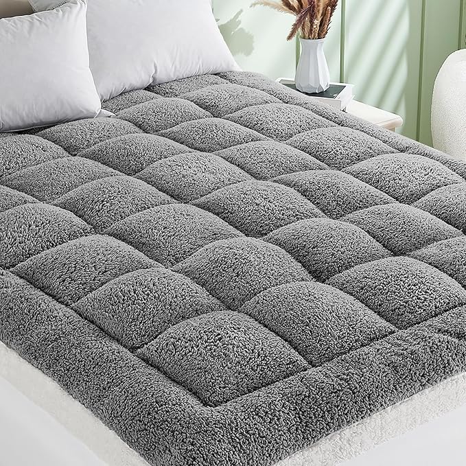 Cymula Twin Mattress Topper, Sherpa Mattress Pad for Dorm Bed Extra Thick 900GSM Down Alternative Plush Pillow Top 2inch Soft Futon Paded Mattress Protector Cover, Grey