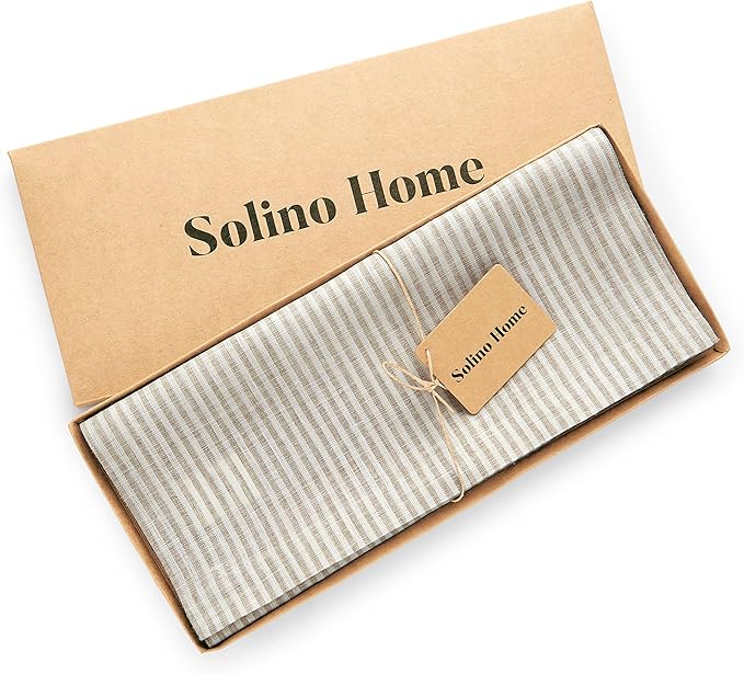 Solino Home Linen Table Runner 48 Inches - Narrow Stripe 100% Pure Linen Natural and White Table Runner 14 x 48 Inch Ideal for Dresser and Coffee Tables - Winter, Christmas, New Year