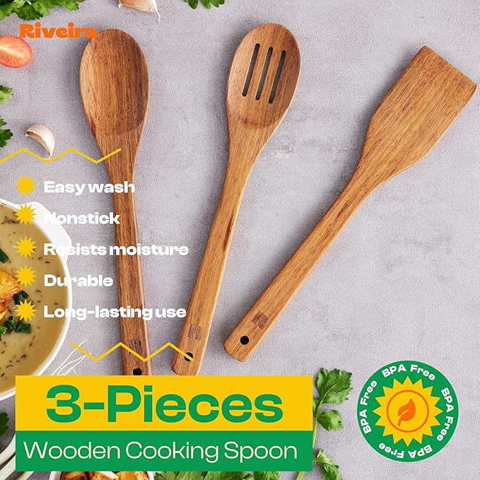 Riveira Teak Wooden Spoons for Cooking Set of 3 – Natural Teak Wooden Cooking Utensils, Wooden Spatula, Wooden Spoon - Premium Quality Utensil Set for Non-Toxic Cooking