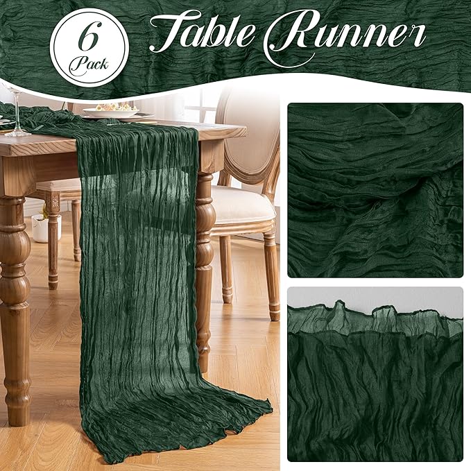 Leetaltree 6 Pack Emerald Green Christmas Table Runner, 35x120 Inch Boho Rustic Cheese Cloth Table Runner, Decorative Table Runners for Bridal Baby Shower Decorations or Wedding Table Decorations