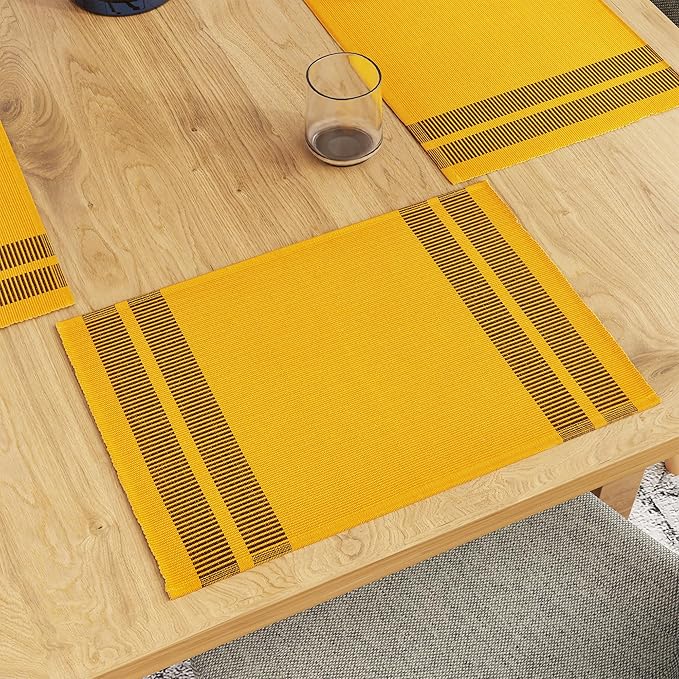 Encasa XO Dining Placemat Set of 6 | Solid Ladder Yellow Color | Fine Ribbed Cotton Table mat | Size 18x13 in |for Dining Table Fall Decoration, Holiday & Christmas Festivals - Machine Washable