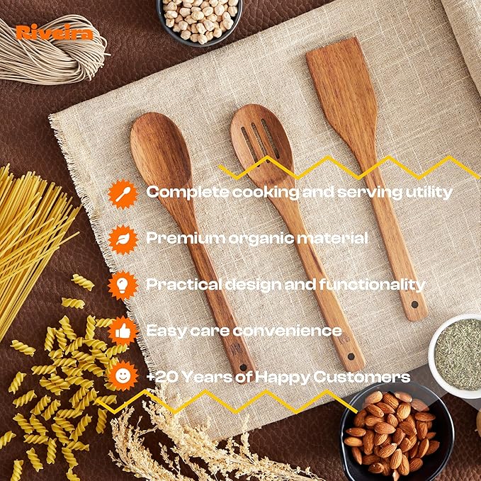 Riveira Teak Wooden Spoons for Cooking Set of 3 – Natural Teak Wooden Cooking Utensils, Wooden Spatula, Wooden Spoon - Premium Quality Utensil Set for Non-Toxic Cooking