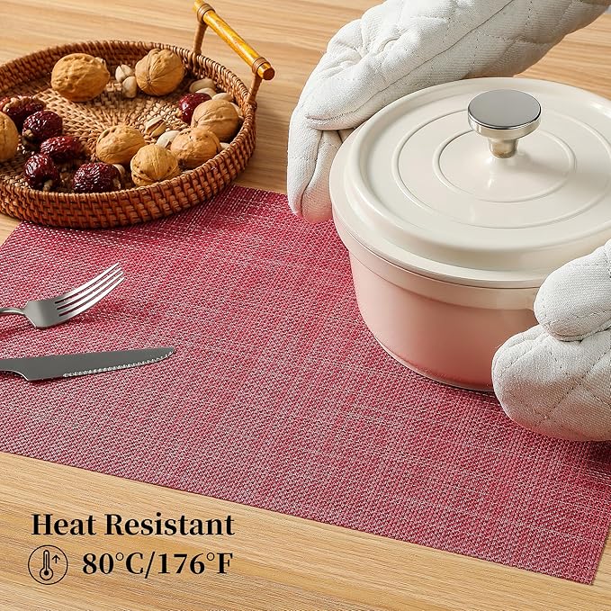 Christmas Red Placemats Set of 8 - Heat Resistant Non-Slip Place mats for Dining Table, Washable Durable PVC Vinyl Woven Table Mats（Red, 8）