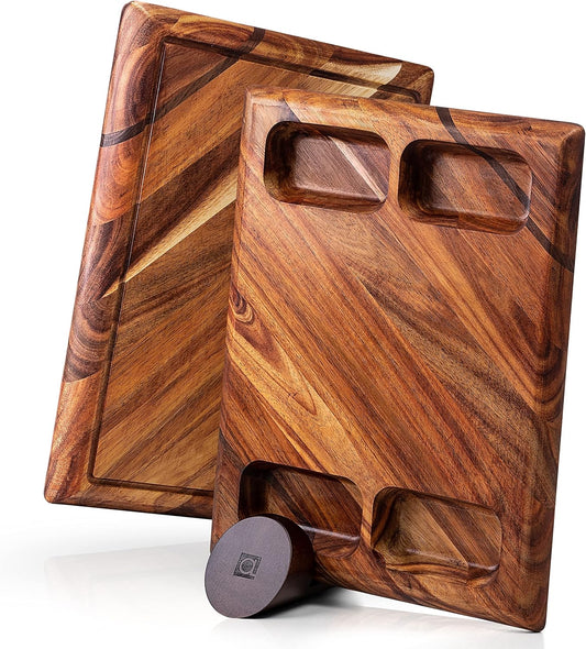 Contour Wood Cutting Board - Large Acacia Butcher Block Chopping Board for Kitchen w/Stand, Sustainable Wood, Juice Groove - Doubles as 4 Compartment Serving Board - Apace Living 17x13x1.5