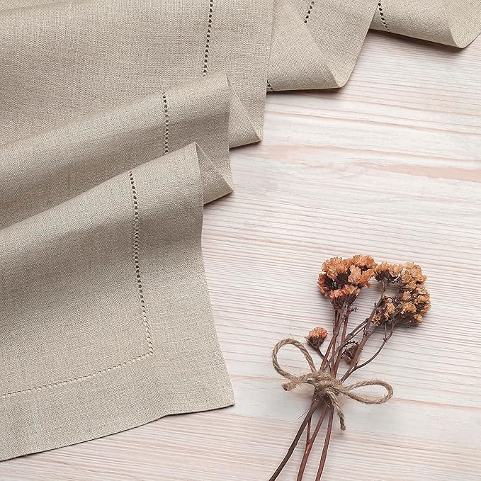 D'Moksha Homes Linen Natural Table Runner 108 Inches Long - 100% Pure Linen 14 x 108 Inch Table Runner for Winter, Christmas, Holiday, New Year - Classic Hemstitch