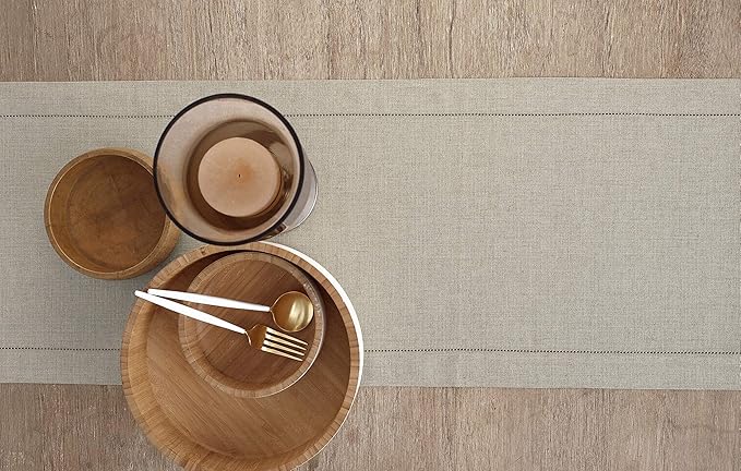 Solino Home Linen Natural Table Runner 108 Inches Long - 100% Pure Linen 14 x 108 Inch Table Runner for Christmas, New Year - Classic Hemstitch