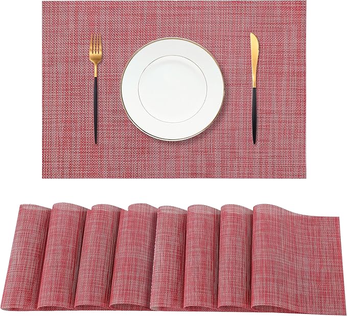Christmas Red Placemats Set of 8 - Heat Resistant Non-Slip Place mats for Dining Table, Washable Durable PVC Vinyl Woven Table Mats（Red, 8）