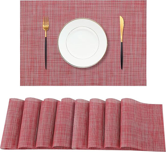 Christmas Red Placemats Set of 8 - Heat Resistant Non-Slip Place mats for Dining Table, Washable Durable PVC Vinyl Woven Table Mats（Red, 8）