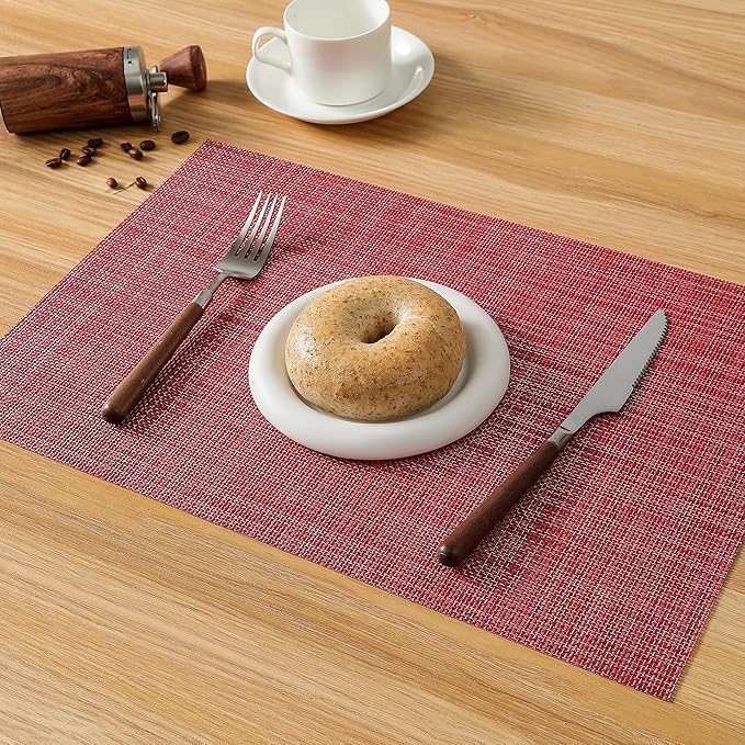 Christmas Red Placemats Set of 8 - Heat Resistant Non-Slip Place mats for Dining Table, Washable Durable PVC Vinyl Woven Table Mats（Red, 8）