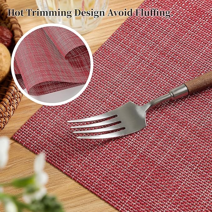 Christmas Red Placemats Set of 6 - Heat Resistant Non-Slip Place mats for Dining Table, Washable Durable PVC Vinyl Woven Table Mats