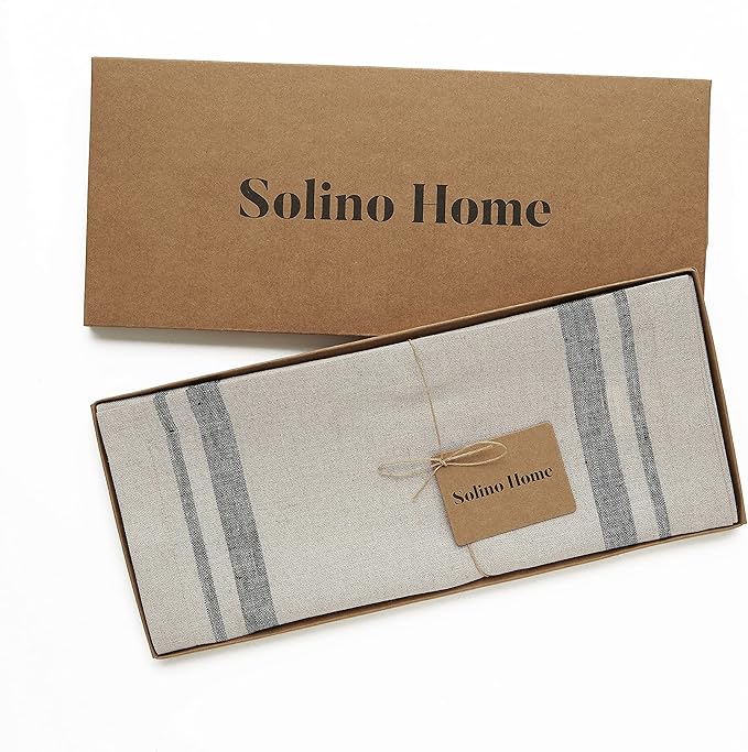 Solino Home Linen Table Runner 144 Inches Long - 100% Pure Linen Black and Natural French Stripe Table Runner 14 x 144 Inch for Dining