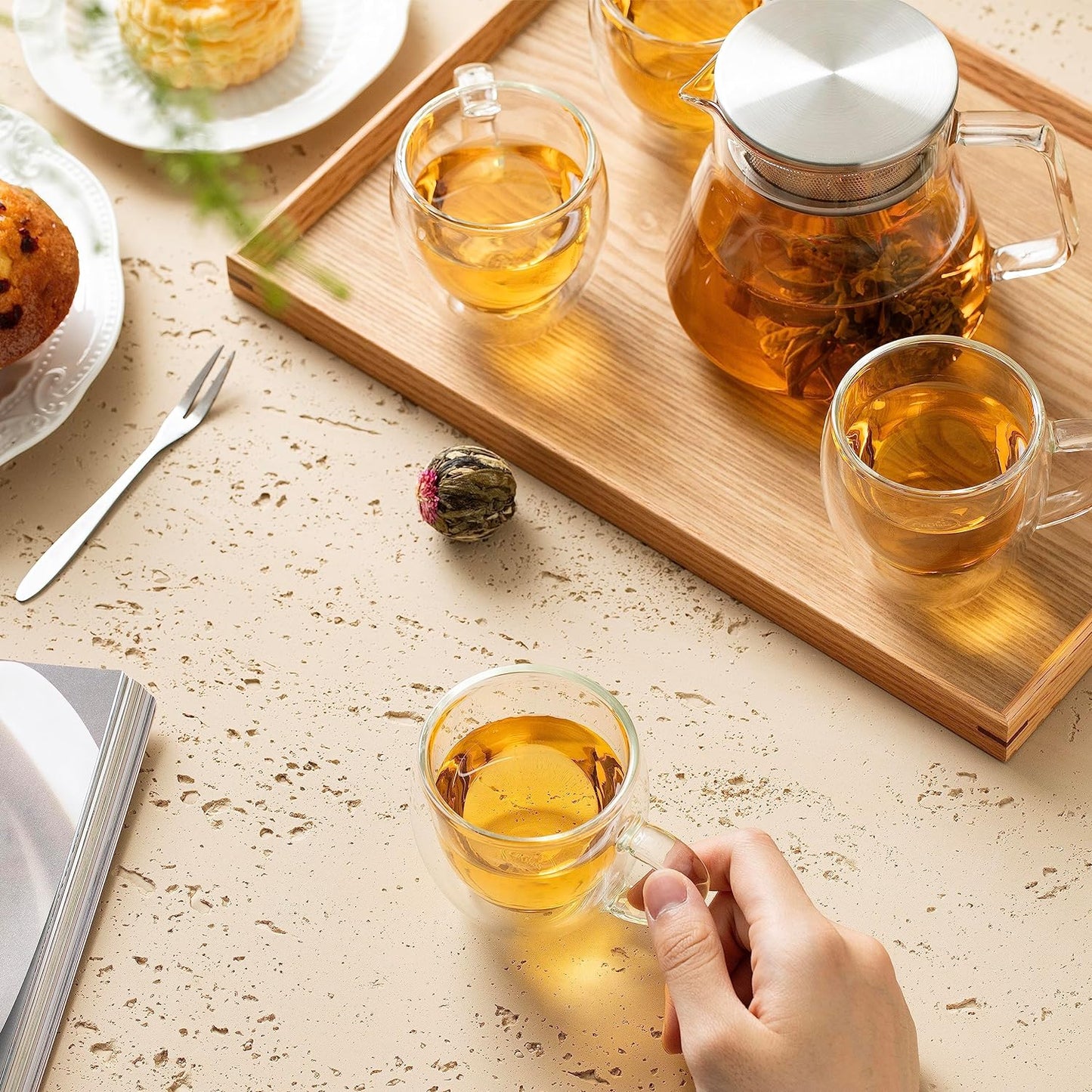 CNGLASS One-Touch Glass Teapot with Stainless Steel Filter Lid,20oz(600ml) Glear Tea Kettle Stovetop Safe,Borosilicate Glass Tea Pots for Loose Leaf Tea