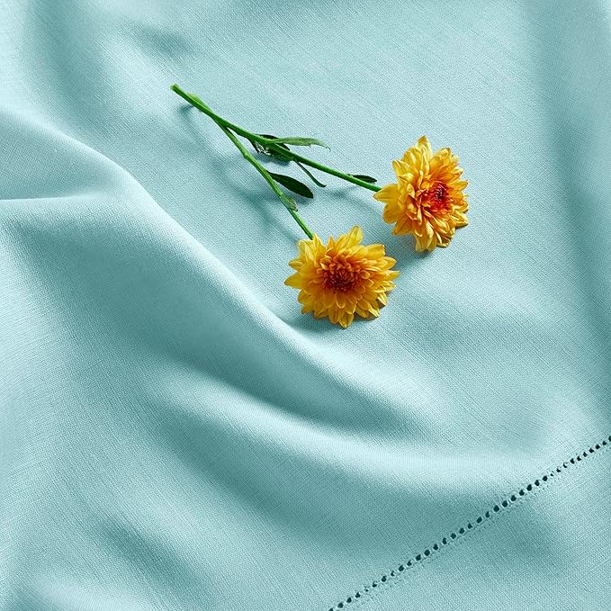 Solino Home Linen Aqua Blue Table Runner 156 Inches Long - 100% Pure Linen Extra Long Table Runner 14 x 156 Inch - Classic Hemstitch
