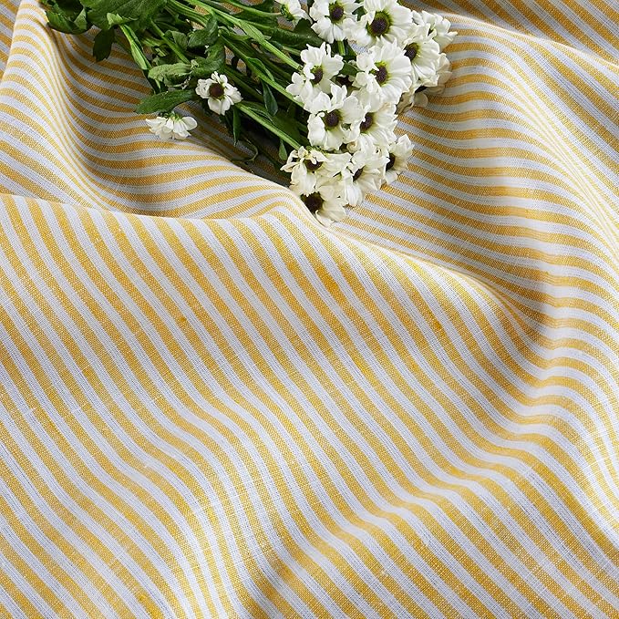 Solino Home Linen Table Runner 36 Inches - Narrow Stripe 100% Pure Linen Spicy Mustard and White Table Runner 14 x 36 Inch Ideal for Dresser and Coffee Tables