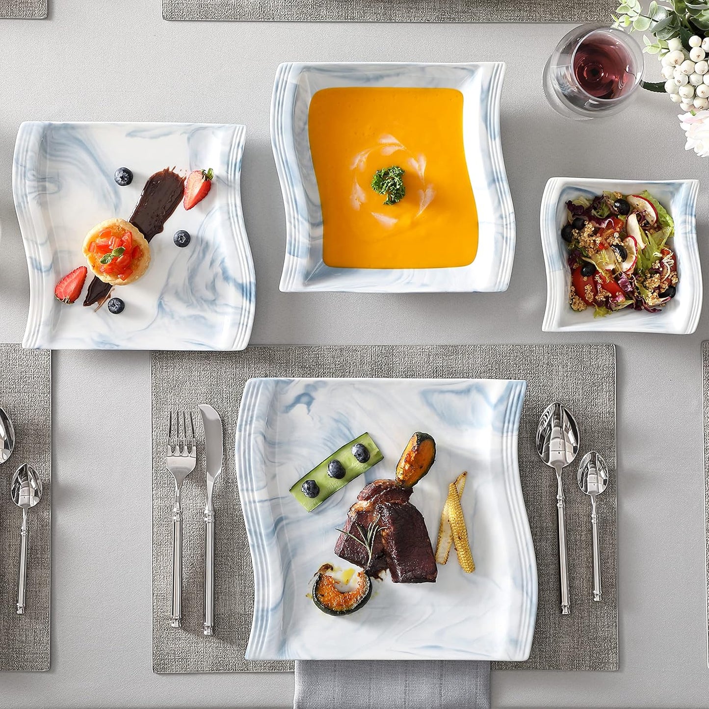 MALACASA Plates and Bowls Sets, 26 Piece Blue Dinnerware Sets for 6, Porcelain Dinner Set with Set, Dishes, Cereal Serving Platters, Kitchen Plate Bowl Series FLORA, 26 Piece(Service for 6)